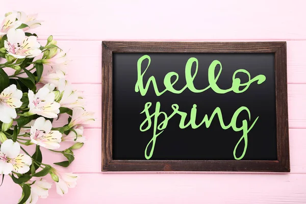 Bouquet Alstroemeria Flowers Black Frame Text Hello Spring Wooden Table — Stock Photo, Image