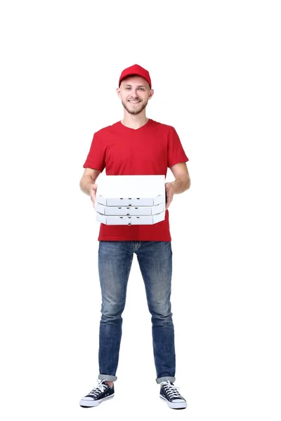 Uomo Consegna Con Pizza Sfondo Bianco — Foto Stock