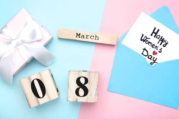 Calendario Legno Con Confezione Regalo Testo Happy Women Day — Foto Stock