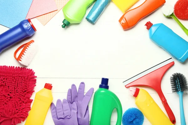 Bottles Detergent Cleaning Tools White Wooden Table — Stock Photo, Image