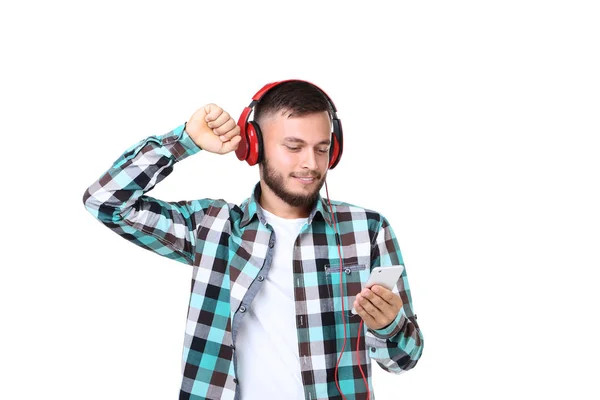 Young Man Red Headphones Smartphone White Background — Stock Photo, Image