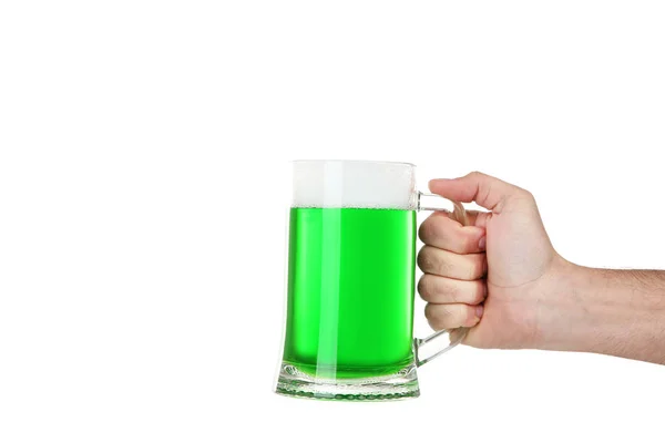 Patrick Day Glaskrug Mit Grünem Bier Männerhand Auf Weißem Hintergrund — Stockfoto
