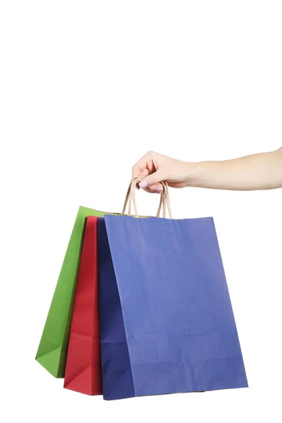 Female Hand Holding Colorful Shopping Bags White Background — Stock Photo, Image