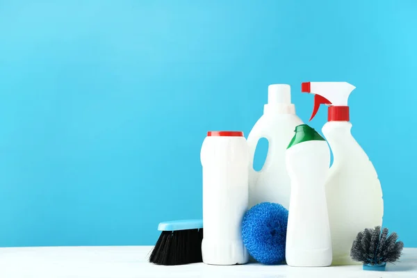 Bottles Detergent Cleaning Tools Wooden Table — Stock Photo, Image