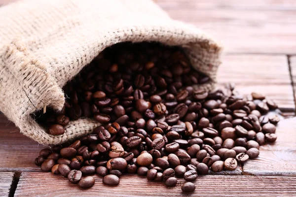 Coffee Beans Sackcloth Brown Wooden Table — Stock Photo, Image