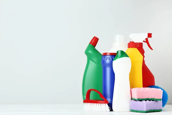 Bottles Detergent Cleaning Tools Grey Background — Stock Photo, Image