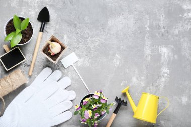Yeşil bitkili bahçe aletleri ve ahşap masadaki çiçekler