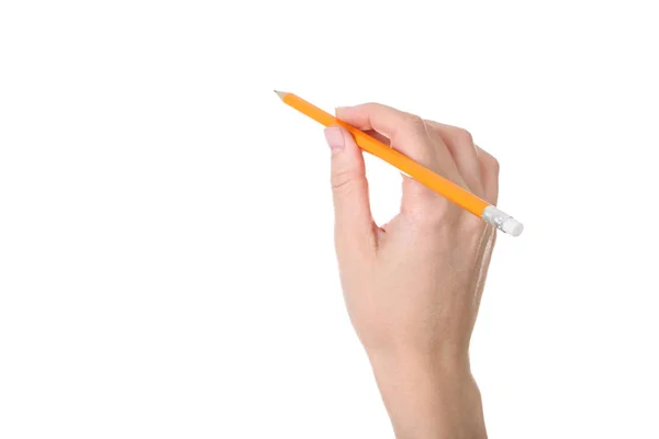 Main femelle tenant crayon sur fond blanc — Photo