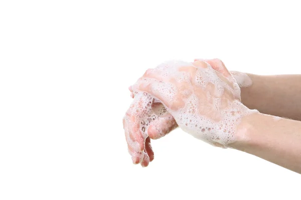 Vrouw wassen handen met zeep — Stockfoto