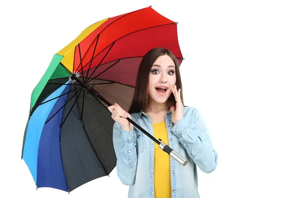 Young girl with colorful umbrella on white background — Stock Photo, Image