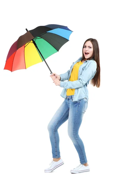 Young girl with colorful umbrella isolated on white background — Stock Photo, Image
