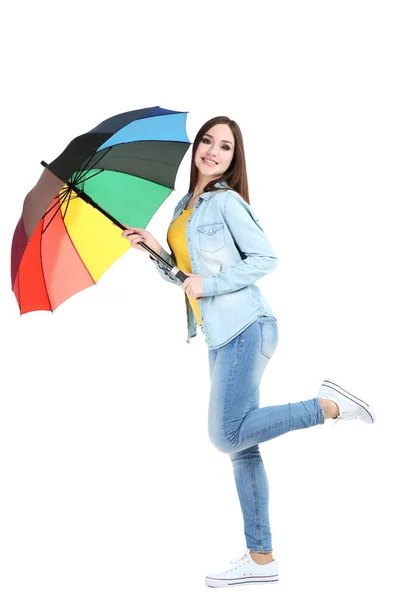 Young girl with colorful umbrella isolated on white background — Stock Photo, Image