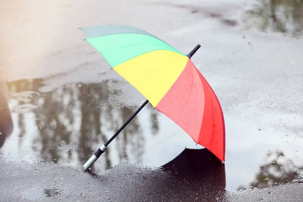 Colorful umbrella on asphalt after rain — Stock Photo, Image