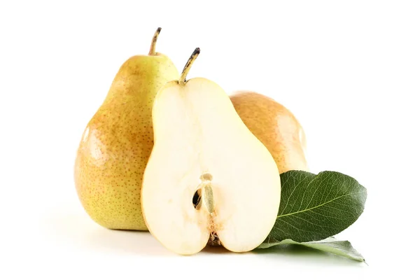 Ripe pears with green leaf isolated on white background — Stock Photo, Image