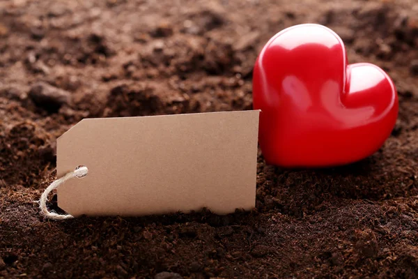 Corazón rojo y tarjeta en blanco en el suelo — Foto de Stock