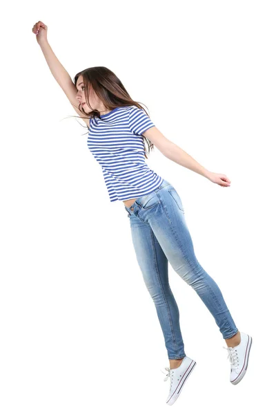 白い背景の美しい女の子をジャンプ — ストック写真