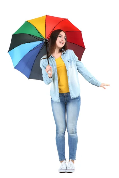 Young girl with colorful umbrella isolated on white background — Stock Photo, Image