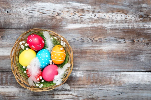 Huevos coloridos de Pascua en cesta con flores de gypsophila y feath — Foto de Stock