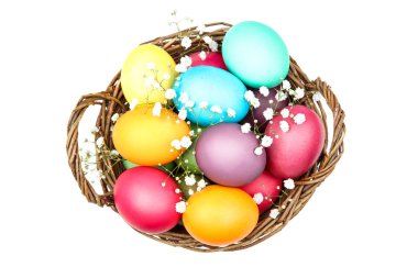 Paskalya yumurtaları üzerine beyaz izole gypsophila çiçekli sepet içinde 