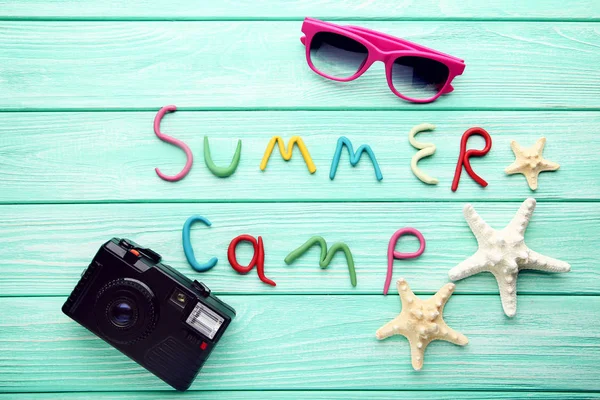 Inscription Summer Camp Sunglasses Retro Camera Wooden Table — Stock Photo, Image