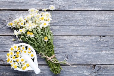 Harç gri ahşap masa üzerinde papatya çiçeği