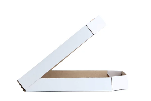 흰색 배경에 분리 된 열린 피자 상자 — 스톡 사진