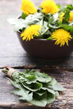 Yellow dandelions and green leafs on wooden table