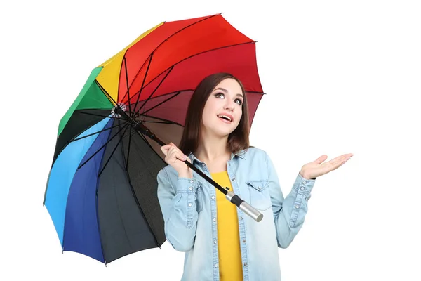 Young Girl Colorful Umbrella White Background — Stock Photo, Image