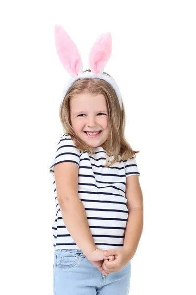 Piękna dziewczyna w modzie ubrania i uszy królika izolowane na wh — Zdjęcie stockowe