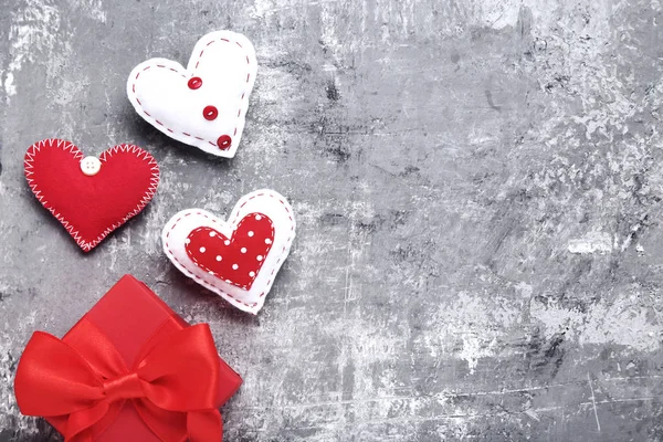 Fabric Hearts Gift Box Grey Wooden Table — Stock Photo, Image