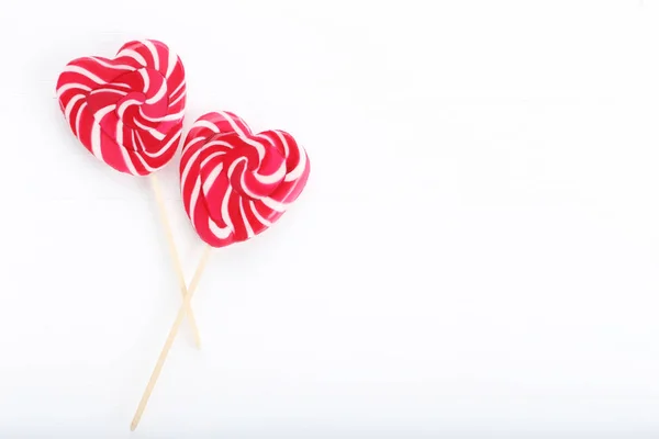 Heart Shaped Lollipops White Wooden Table — Stock Photo, Image