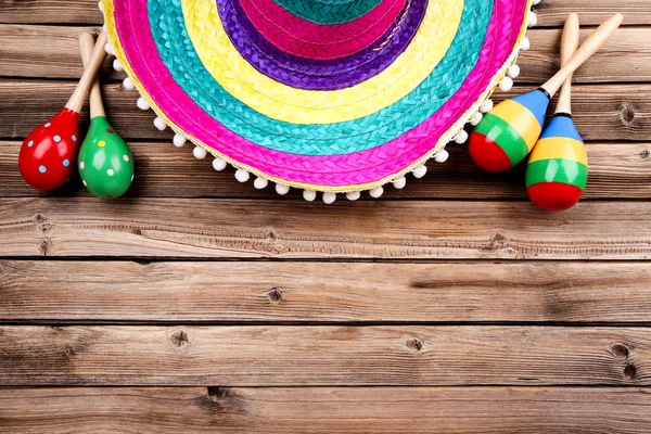 Mexican Hat Maracas Brown Wooden Table — Stock Photo, Image