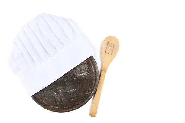 Sombrero Chef Con Tabla Cortar Cuchara Madera Sobre Fondo Blanco —  Fotos de Stock