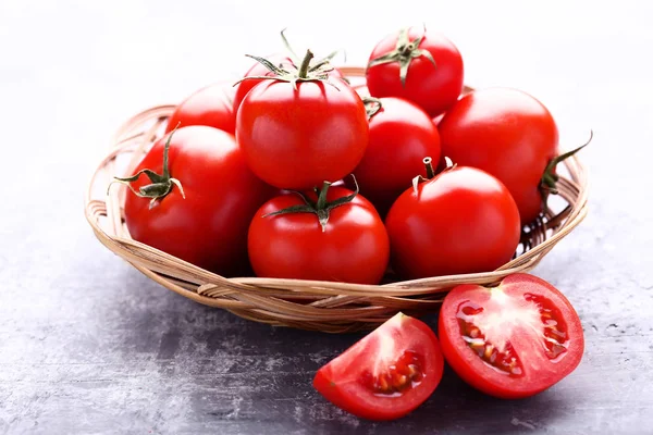 Fresh Ripe Tomatoes Basket Grey Wooden Table — Stock Photo, Image