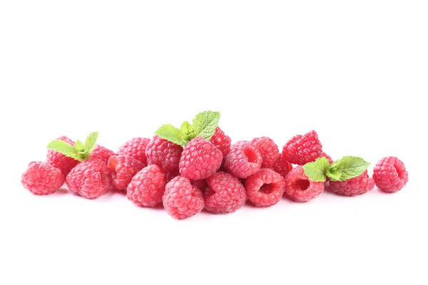Ripe Raspberries Green Leafs Isolated White Background — Stock Photo, Image