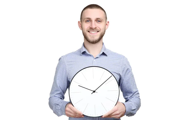 Retrato de hombre joven con reloj redondo sobre fondo blanco — Foto de Stock