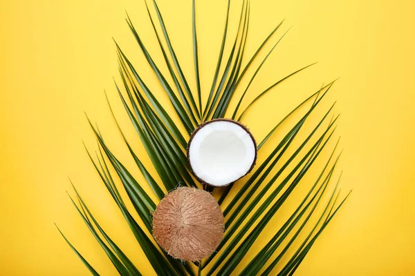 Cocos maduros con hojas de palma sobre fondo amarillo — Foto de Stock