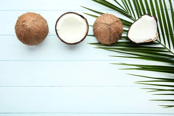 木製テーブルの上の手のひらで熟したココナッツを葉します。 — ストック写真