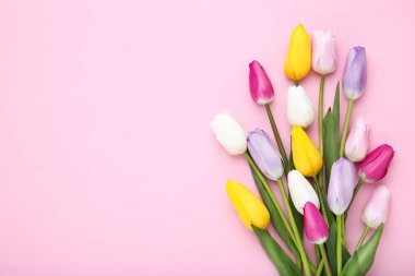 Pembe arka planda bir buket lale çiçeği