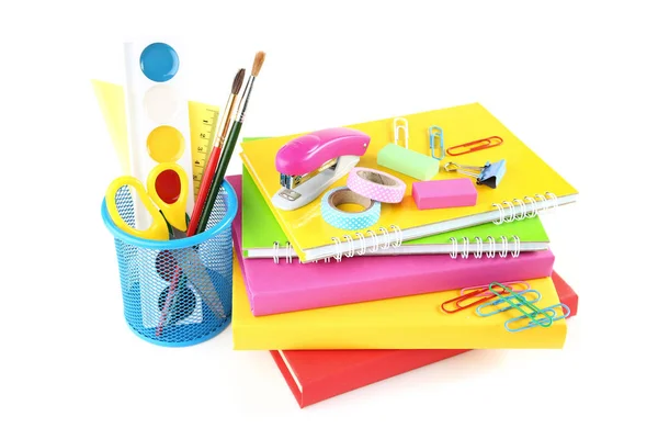 School supplies with books on white background — Stock Photo, Image