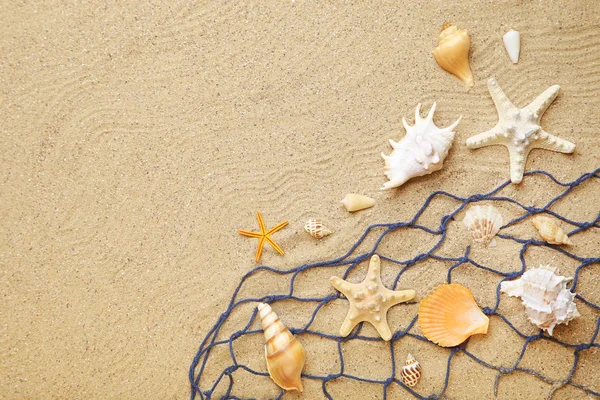 Conchiglie con rete da pesca sulla sabbia della spiaggia — Foto Stock
