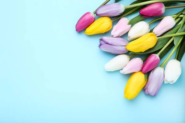 Strauß von Tulpenblumen auf blauem Hintergrund — Stockfoto