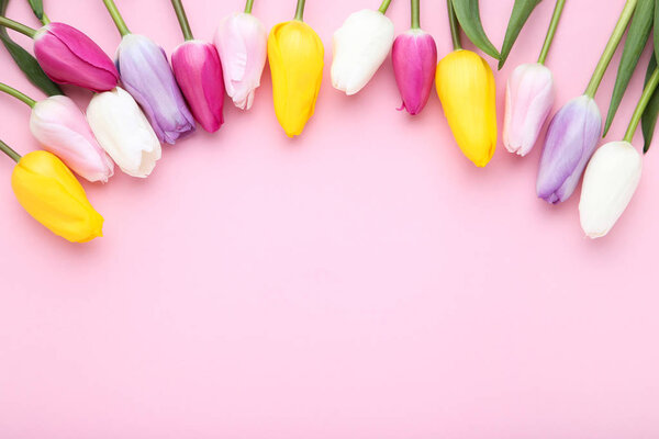 Bouquet of tulip flowers on pink background