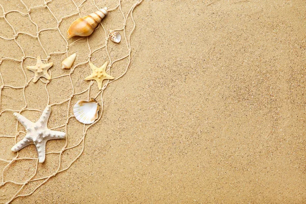 Conchas marinas con red de pesca en arena de playa — Foto de Stock