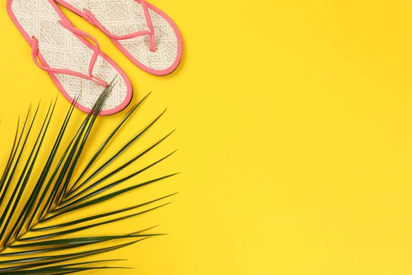 黄色背景上带有棕榈叶的一对拖鞋 — 图库照片