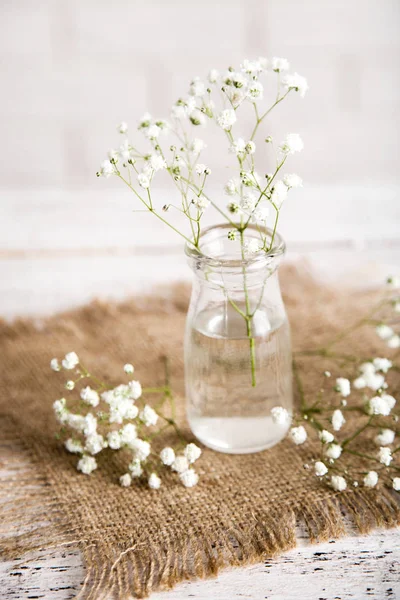 Flores de gypsophila blancas en botella de vidrio sobre mesa de madera — Foto de Stock