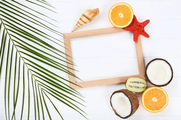 Wooden blank frame with seashells, palm leaf and fruits on white — ストック写真