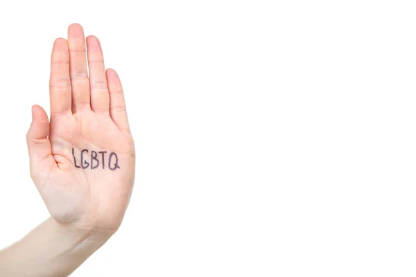 흰색 배경에 약어 LGBT와 여성 손바닥 — 스톡 사진