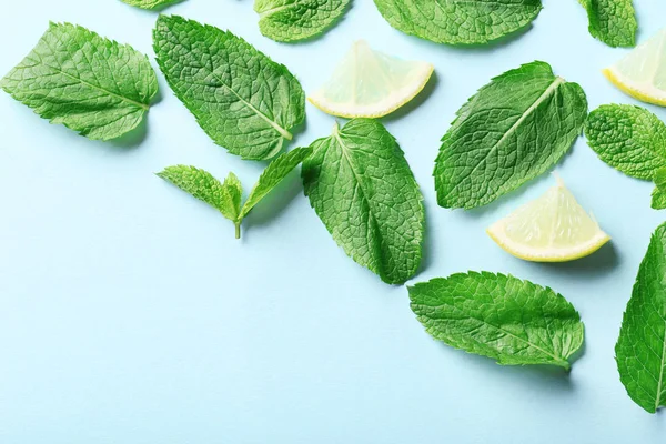 Mint leafs dengan irisan lemon pada latar belakang biru — Stok Foto
