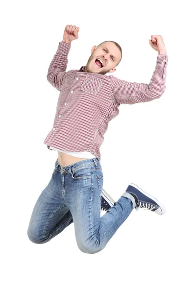 Jumping young man on white background — Stock Photo, Image